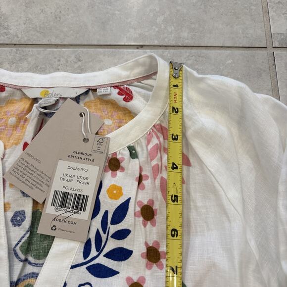 Boden Linen Balloon Sleeve Tie Waist Dress Pockets US 12R White Multi NWT - Picture 8 of 11